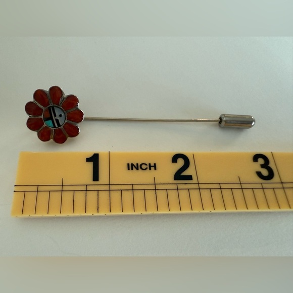 Vintage Zuni Sunface Inlay Flower Stick Pin Coral Turquoise MOP Native American - Picture 10 of 10